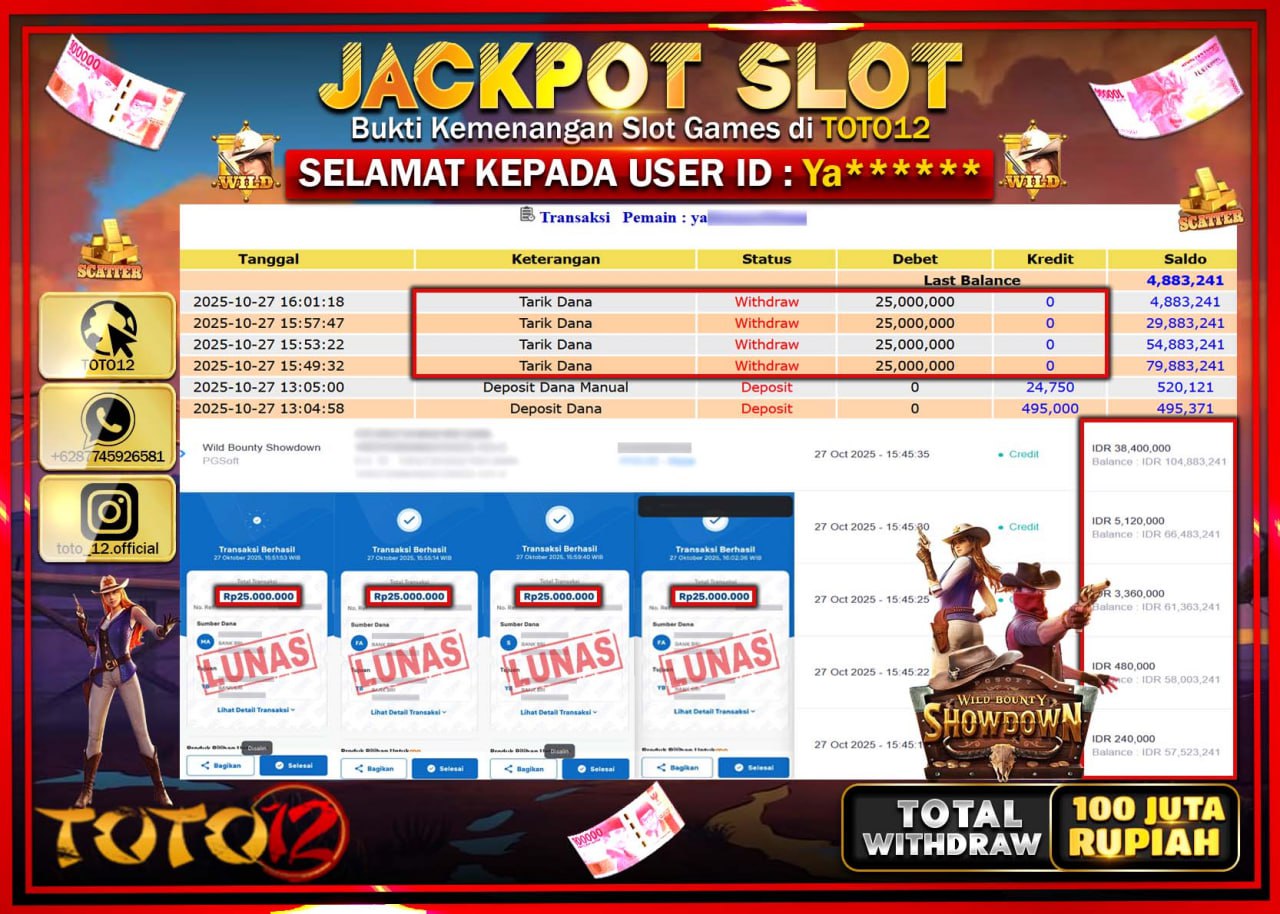HANYA DI TOTO12 JP PASTI DI BAYAR LUNAS DAN CEPAT!!!!!! JACKPOT SLOT GAME (WILD BOUNTY SHOWDOWN) Rp.100.000.000 !!!!