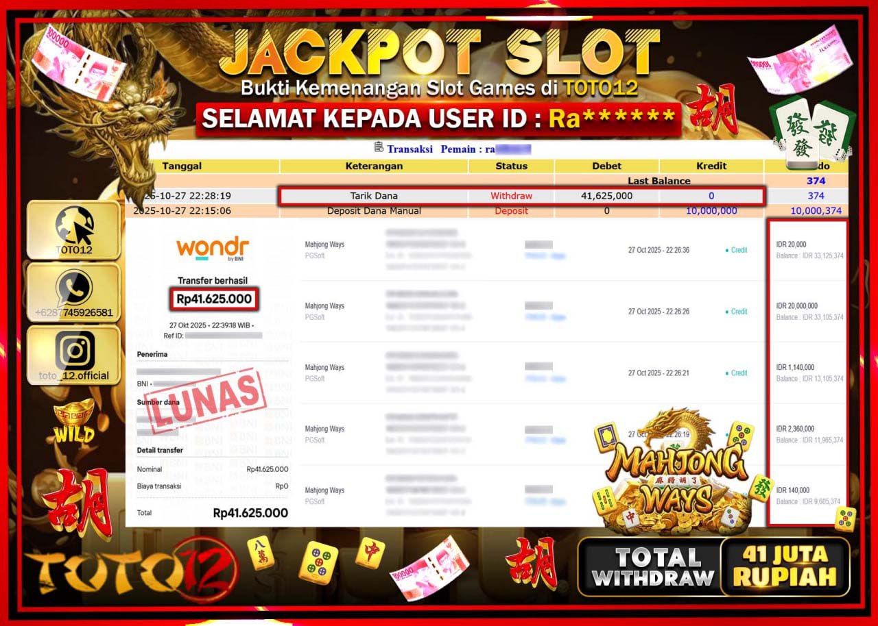 HANYA DI TOTO12 JP PASTI DI BAYAR LUNAS DAN CEPAT!!!!!! JACKPOT SLOT GAME (MAHJONG WAYS) Rp.41.625.000 !!!!