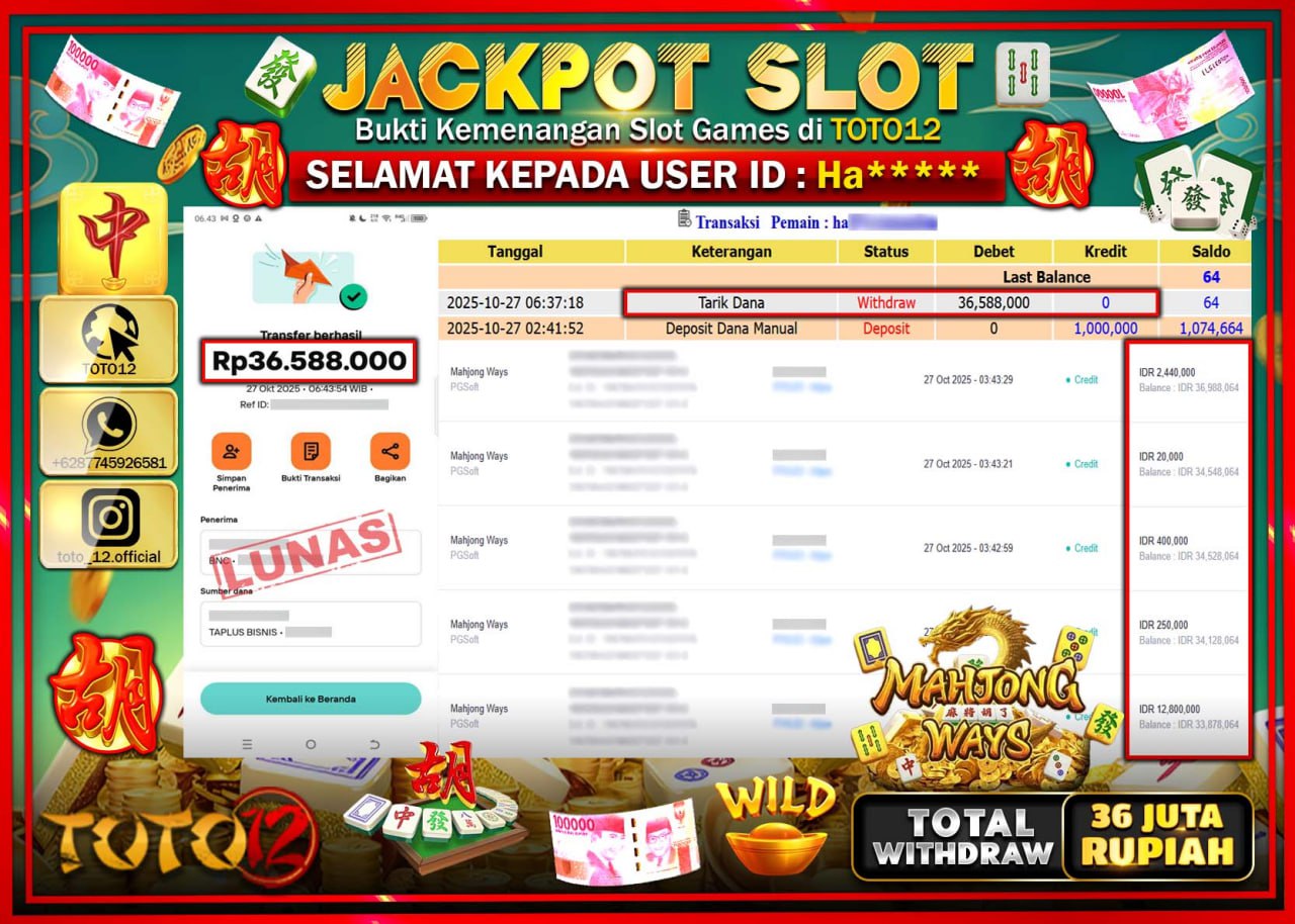 HANYA DI TOTO12 JP PASTI DI BAYAR LUNAS DAN CEPAT!!!!!! JACKPOT SLOT GAME (MAHJONG WAYS) Rp.36.588.000 !!!!