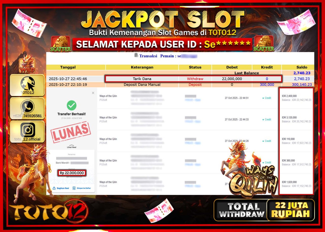 HANYA DI TOTO12 JP PASTI DI BAYAR LUNAS DAN CEPAT!!!!!! JACKPOT SLOT GAME (WAYS OF THE QILIN) Rp.22.000.000 !!!!