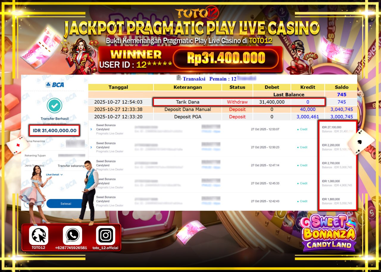 HANYA DI TOTO12 JP PASTI DI BAYAR LUNAS DAN CEPAT!!!!!! JACKPOT PRAGMATIC PLAY LIVE CASINO (SWEET BONANZA CANDYLAND) Rp.31.400.000 !!!!