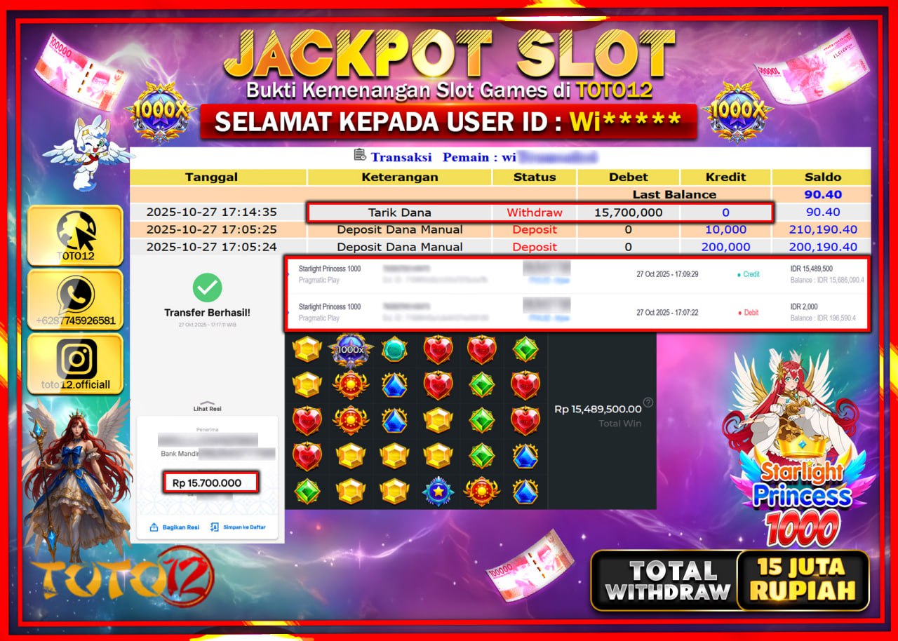 HANYA DI TOTO12 JP PASTI DI BAYAR LUNAS DAN CEPAT!!!!!! JACKPOT SLOT GAME (STARLIGHT PRINCESS 1000) Rp.15.700.000 !!!!