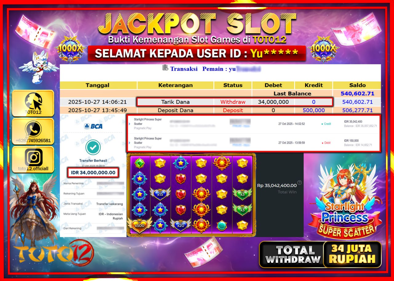 HANYA DI TOTO12 JP PASTI DI BAYAR LUNAS DAN CEPAT!!!!!! JACKPOT SLOT GAME (STARLIGHT PRINCESS SUPER SCATTER) Rp.34.000.000 !!!!