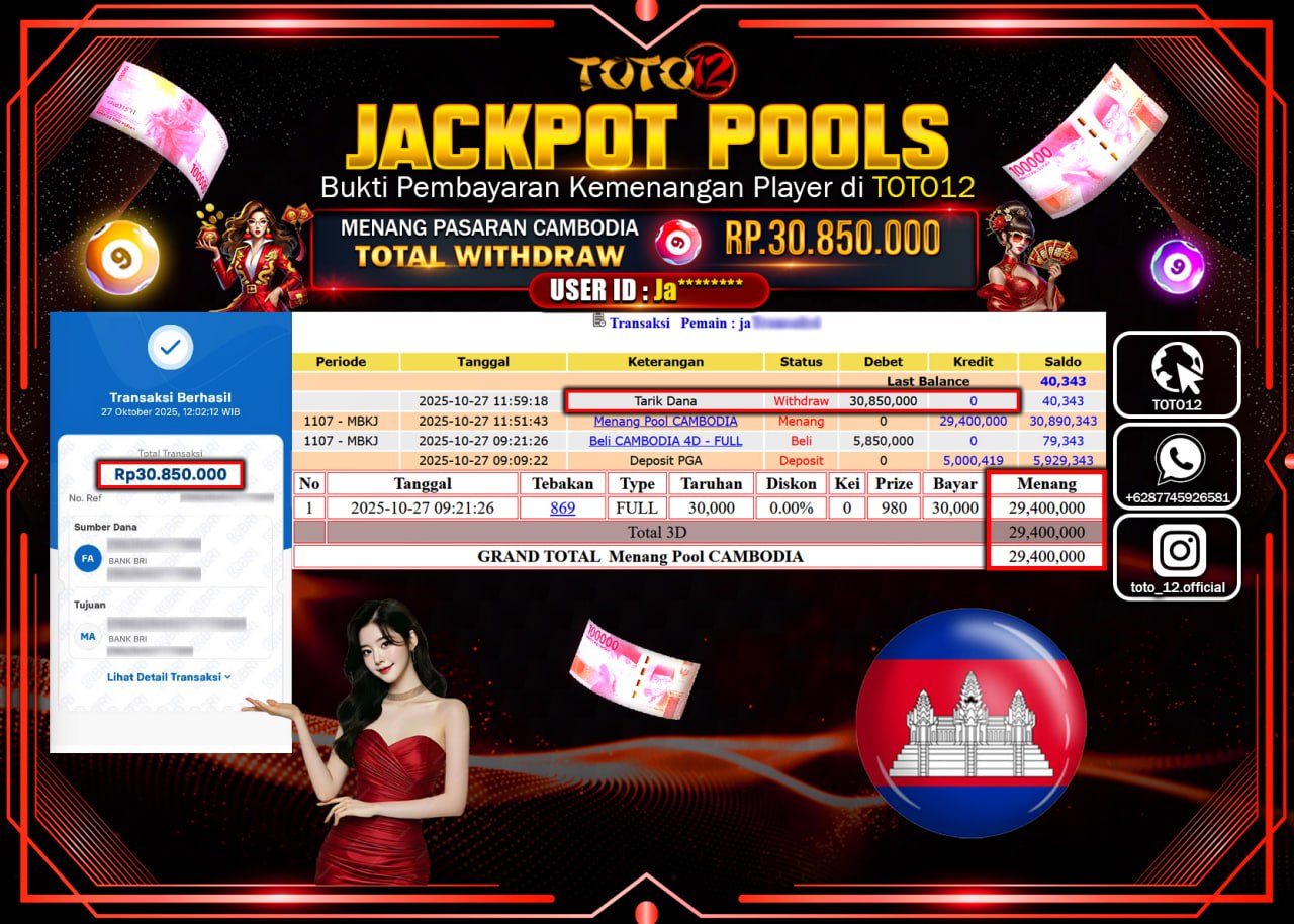 HANYA DI TOTO12 JP PASTI DI BAYAR LUNAS DAN CEPAT!!!!!! JACKPOT POOLS PASARAN (CAMBODIA) Rp.30.850.000 !!!!