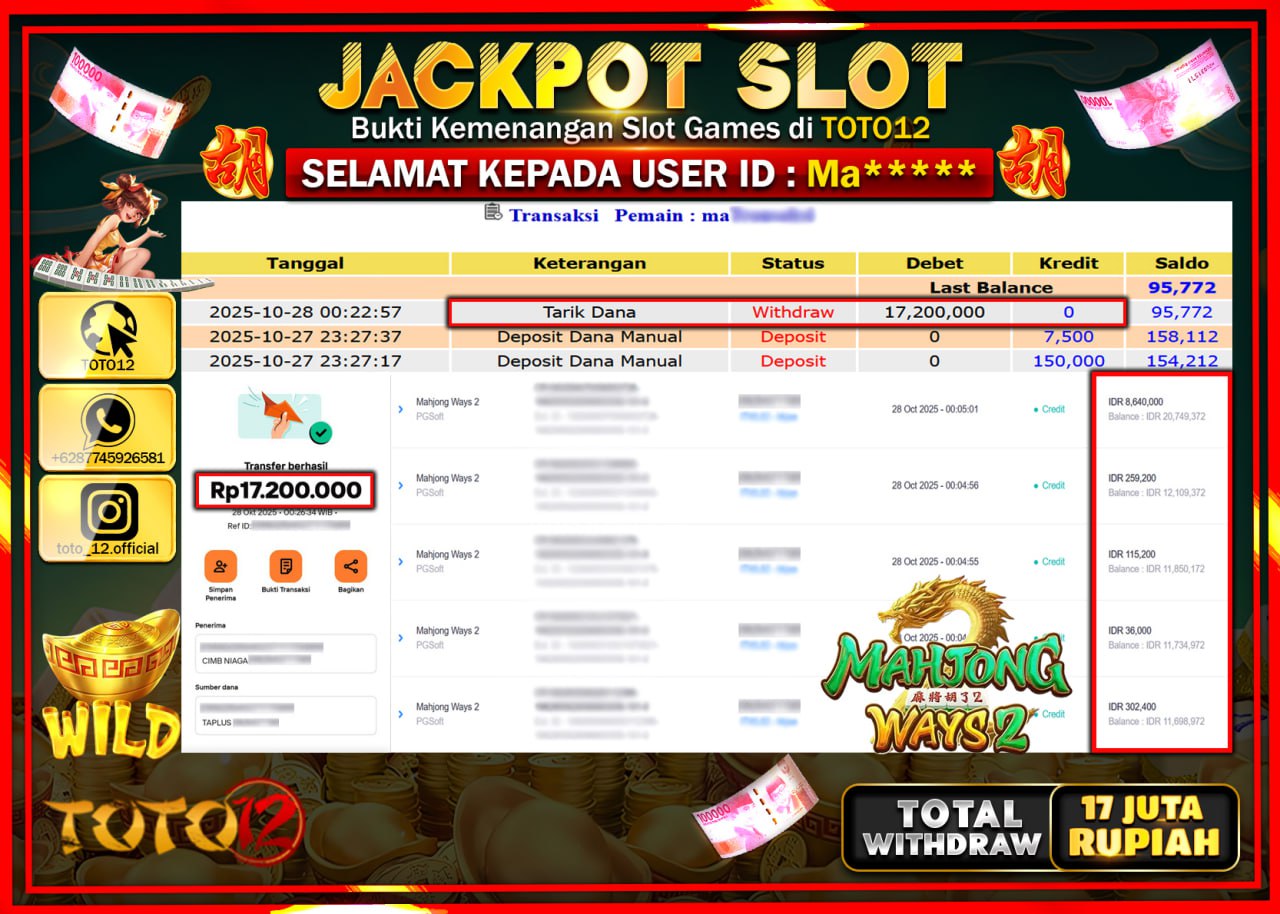HANYA DI TOTO12 JP PASTI DI BAYAR LUNAS DAN CEPAT!!!!!! JACKPOT SLOT GAME (MAHJONG WAYS 2) Rp.17.200.000 !!!!