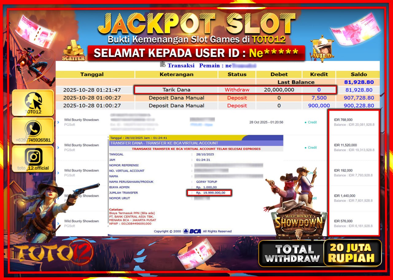 HANYA DI TOTO12 JP PASTI DI BAYAR LUNAS DAN CEPAT!!!!!! JACKPOT SLOT GAME (WILD BOUNTY SHOWDOWN) Rp.20.000.000 !!!!