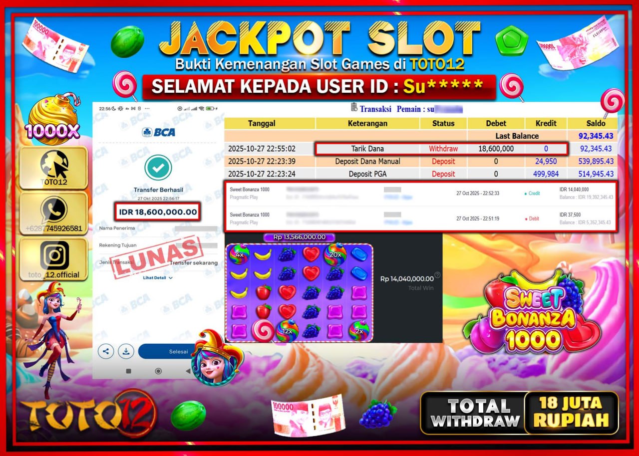 HANYA DI TOTO12 JP PASTI DI BAYAR LUNAS DAN CEPAT!!!!!! JACKPOT SLOT GAME (SWEET BONANZA 1000) Rp.18.600.000 !!!!