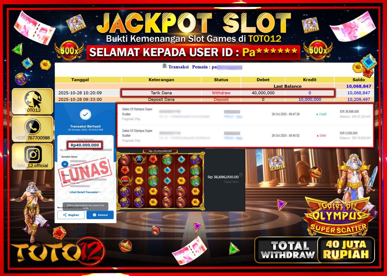 HANYA DI TOTO12 JP PASTI DI BAYAR LUNAS DAN CEPAT!!!!!! JACKPOT SLOT GAME (GATES OF OLYMPUS SUPER SCATTER) Rp.40.000.000 !!!!