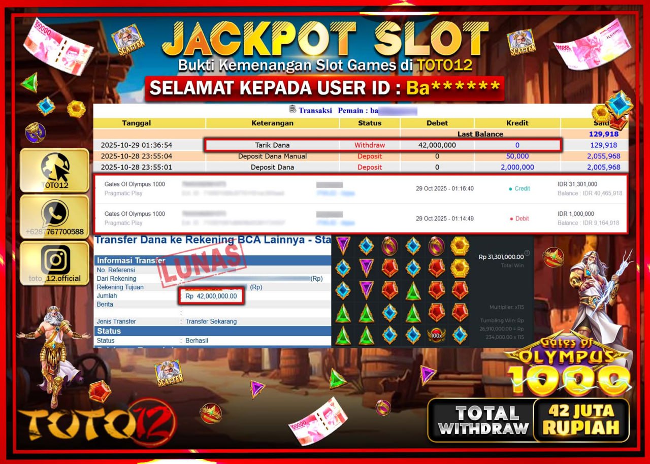 HANYA DI TOTO12 JP PASTI DI BAYAR LUNAS DAN CEPAT!!!!!! JACKPOT SLOT GAME (GATES OF OLYMPUS 1000) Rp.42.000.000 !!!!