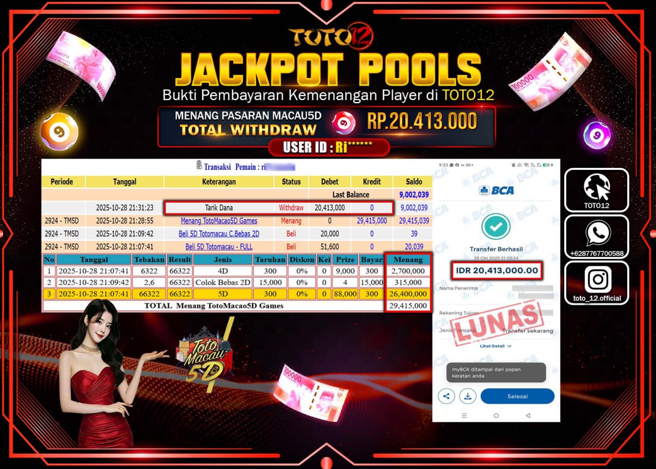 HANYA DI TOTO12 JP PASTI DI BAYAR LUNAS DAN CEPAT!!!!!! JACKPOT POOLS PASARAN (MACAU 5D) Rp.20.413.000 !!!!
