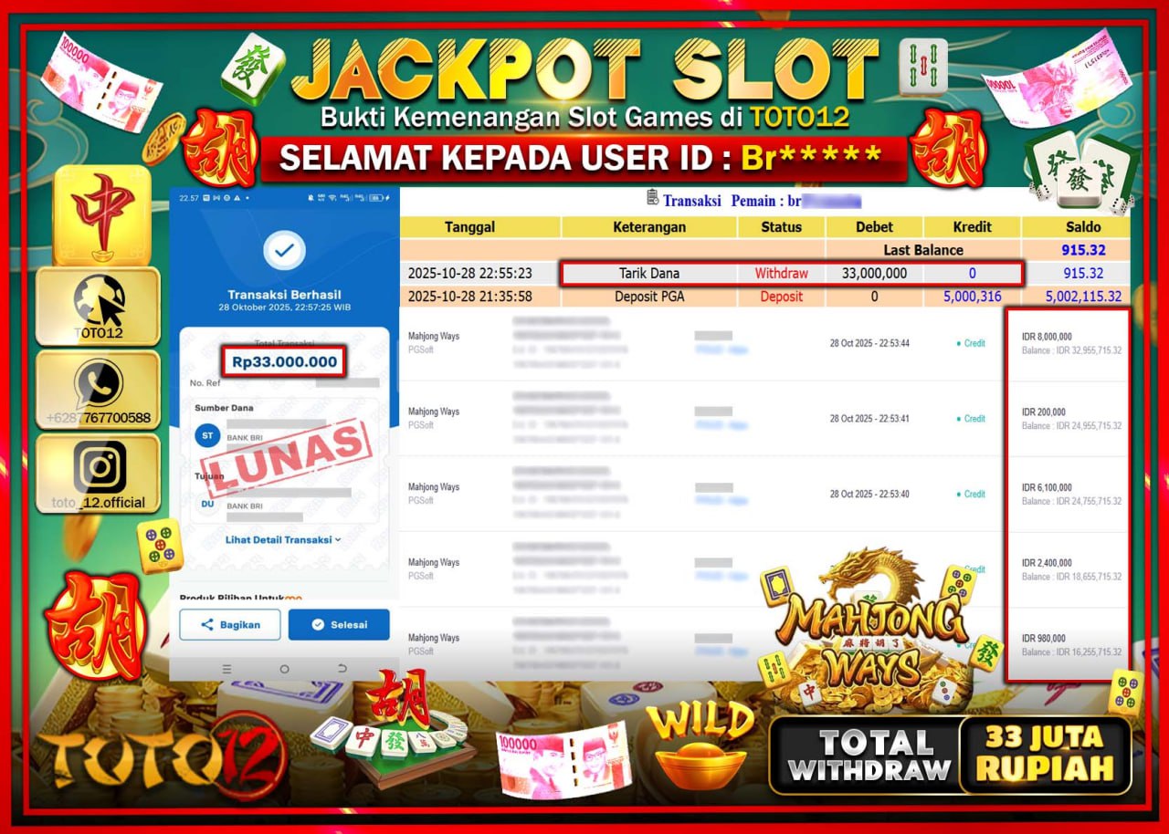 HANYA DI TOTO12 JP PASTI DI BAYAR LUNAS DAN CEPAT!!!!!! JACKPOT SLOT GAME (MAHJONG WAYS) Rp.33.000.000 !!!!