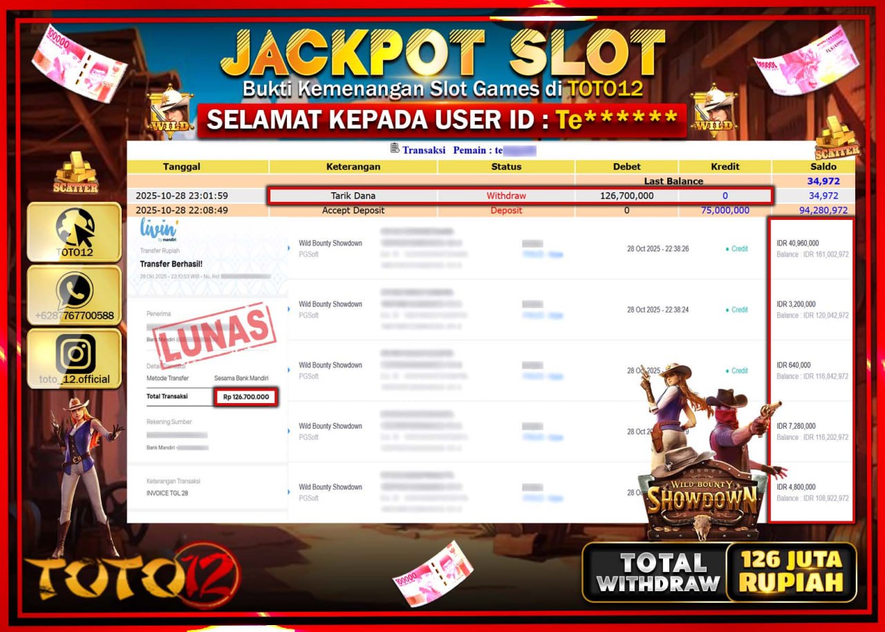 HANYA DI TOTO12 JP PASTI DI BAYAR LUNAS DAN CEPAT!!!!!! JACKPOT SLOT GAME (WILD BOUNTY SHOWDOWN) Rp.126.700.000 !!!!
