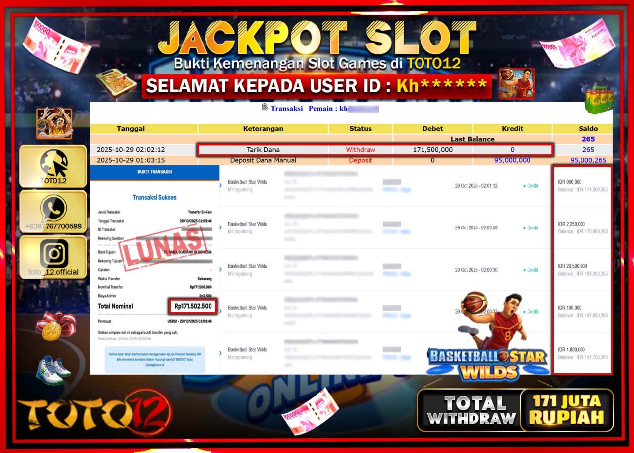 HANYA DI TOTO12 JP PASTI DI BAYAR LUNAS DAN CEPAT!!!!!! JACKPOT SLOT GAME (BASKETBALL STAR WILDS) Rp.171.500.000 !!!!