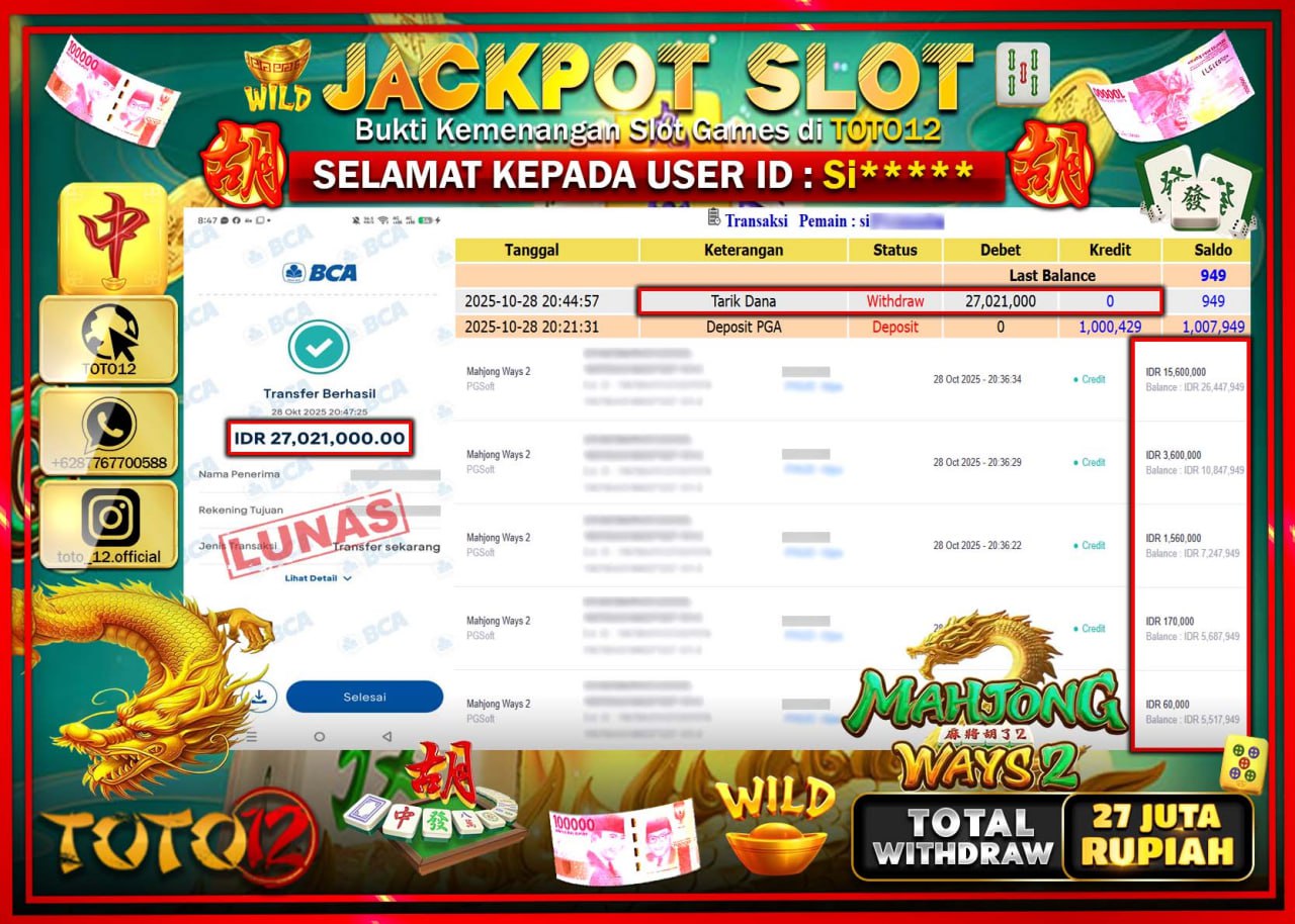 HANYA DI TOTO12 JP PASTI DI BAYAR LUNAS DAN CEPAT!!!!!! JACKPOT SLOT GAME (MAHJONG WAYS 2) Rp.27.021.000 !!!!