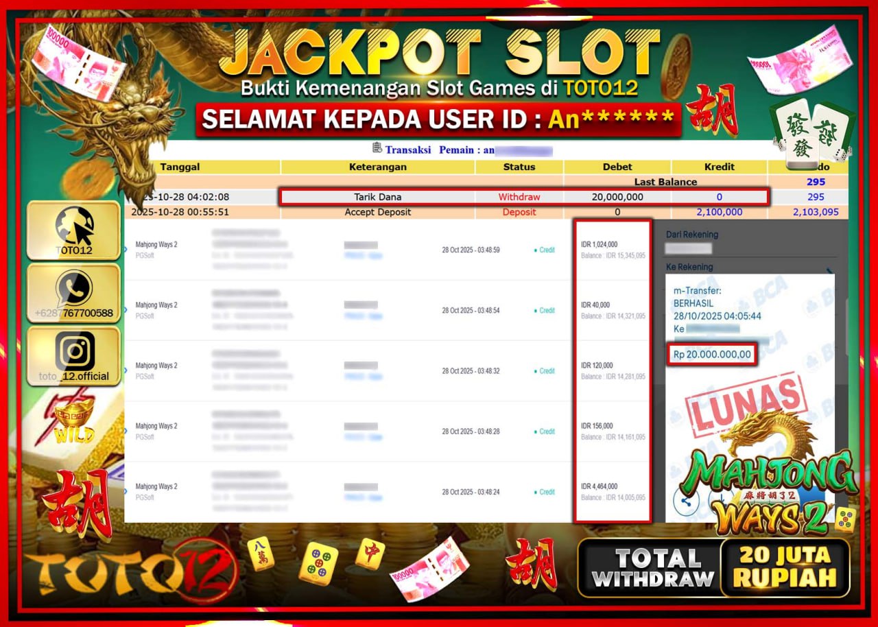 HANYA DI TOTO12 JP PASTI DI BAYAR LUNAS DAN CEPAT!!!!!! JACKPOT SLOT GAME (MAHJONG WAYS 2) Rp.20.000.000 !!!!
