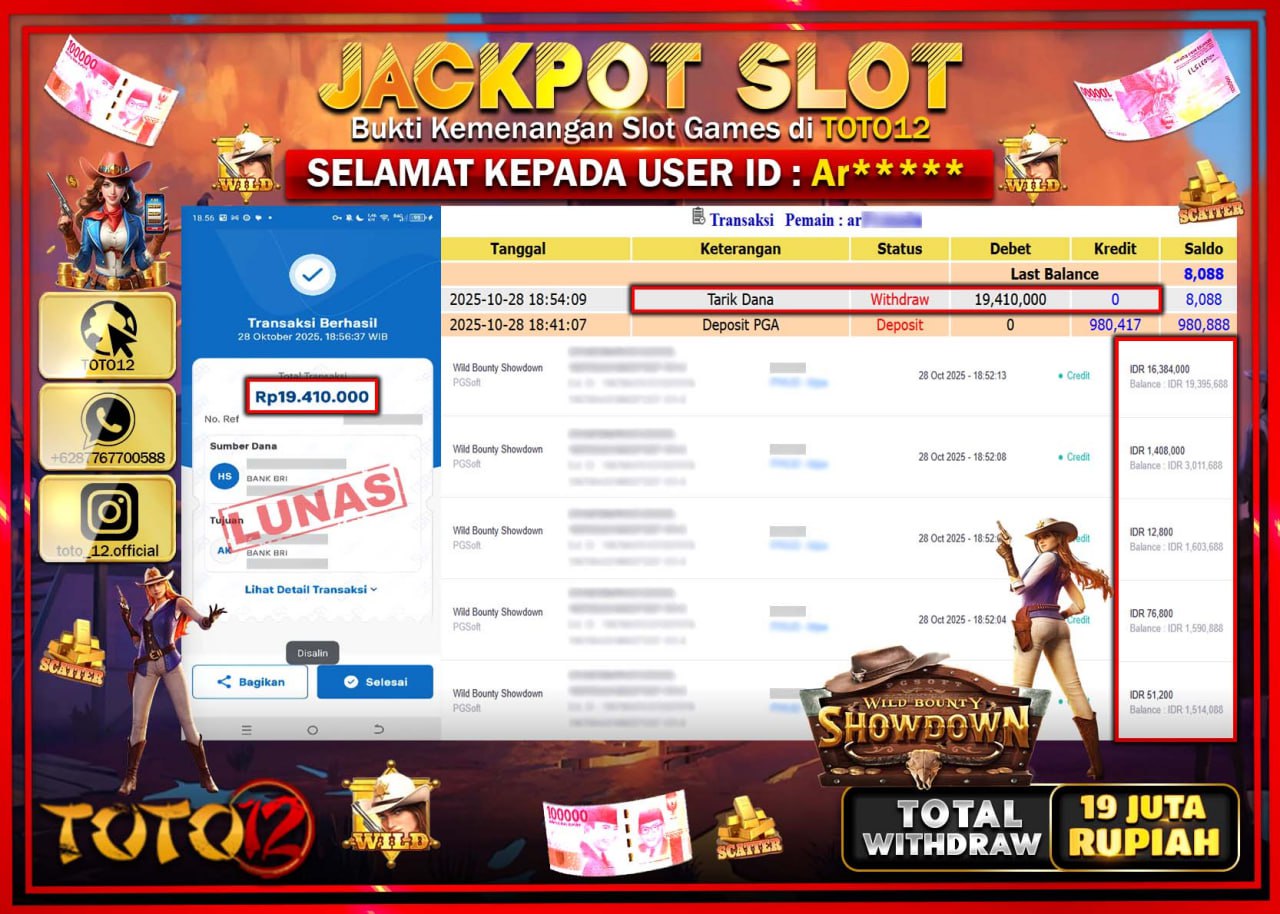 HANYA DI TOTO12 JP PASTI DI BAYAR LUNAS DAN CEPAT!!!!!! JACKPOT SLOT GAME (WILD BOUNTY SHOWDOWN) Rp.19.410.000 !!!!
