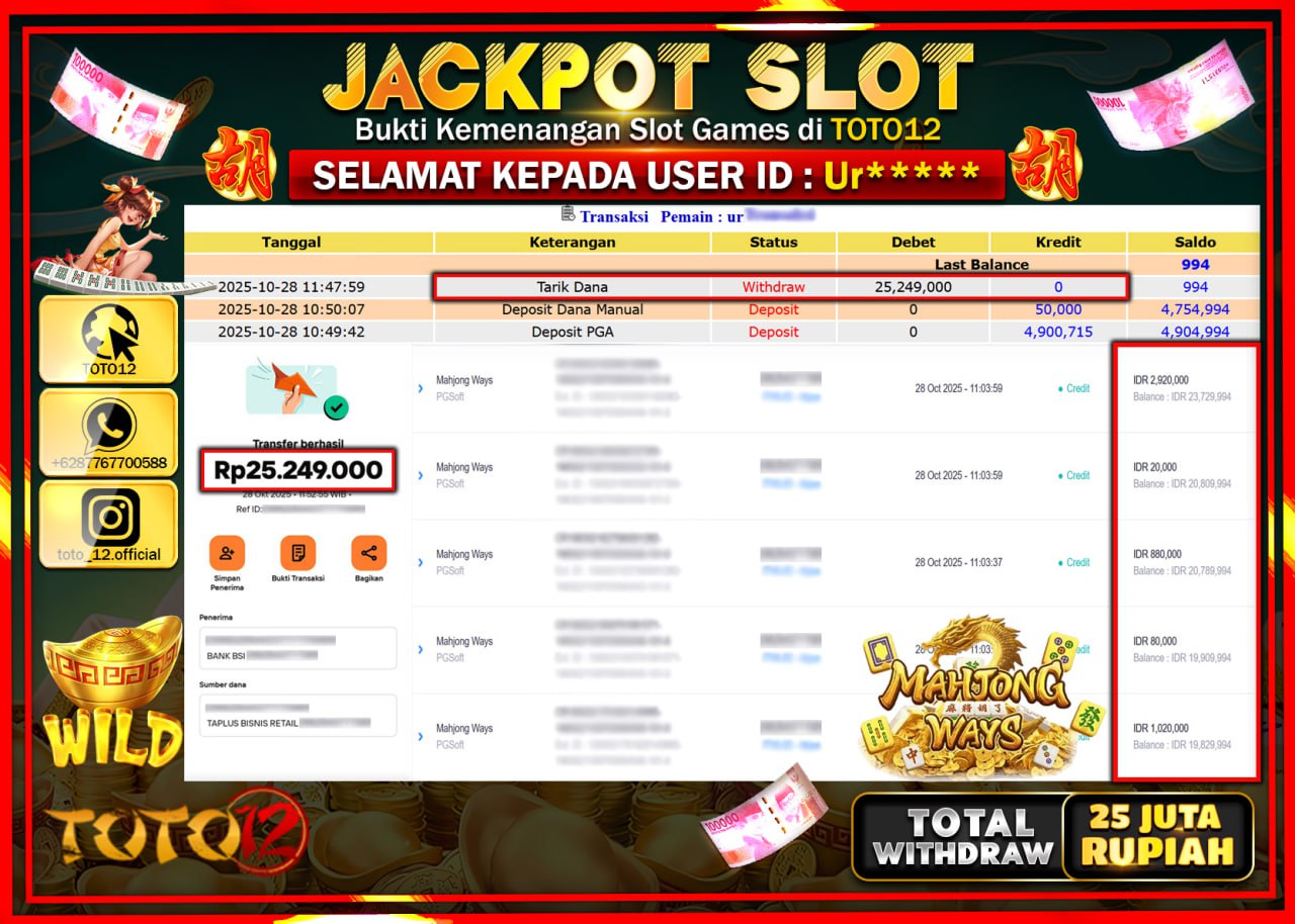 HANYA DI TOTO12 JP PASTI DI BAYAR LUNAS DAN CEPAT!!!!!! JACKPOT SLOT GAME (MAHJONG WAYS) Rp.25.249.000 !!!!
