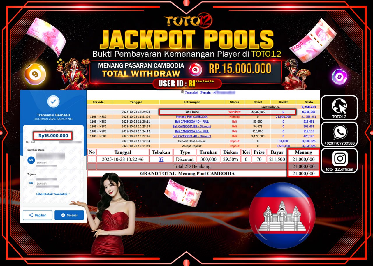 HANYA DI TOTO12 JP PASTI DI BAYAR LUNAS DAN CEPAT!!!!!! JACKPOT POOLS PASARAN (CAMBODIA) Rp.15.000.000 !!!!