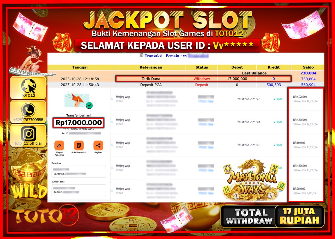 HANYA DI TOTO12 JP PASTI DI BAYAR LUNAS DAN CEPAT!!!!!! JACKPOT SLOT GAME (MAHJONG WAYS) Rp.17.000.000 !!!!