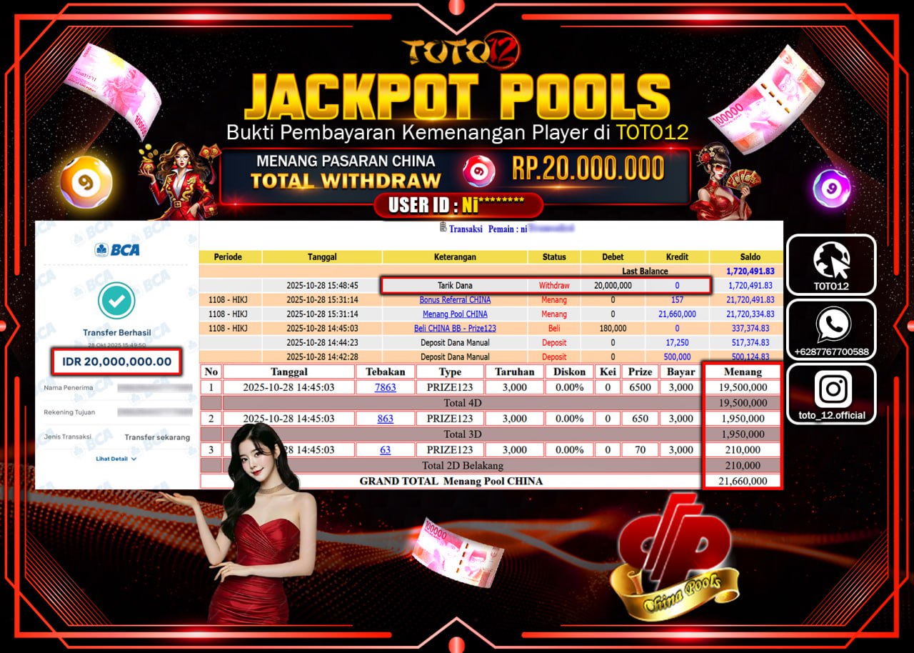 HANYA DI TOTO12 JP PASTI DI BAYAR LUNAS DAN CEPAT!!!!!! JACKPOT POOLS PASARAN (CHINA) Rp.20.000.000 !!!!
