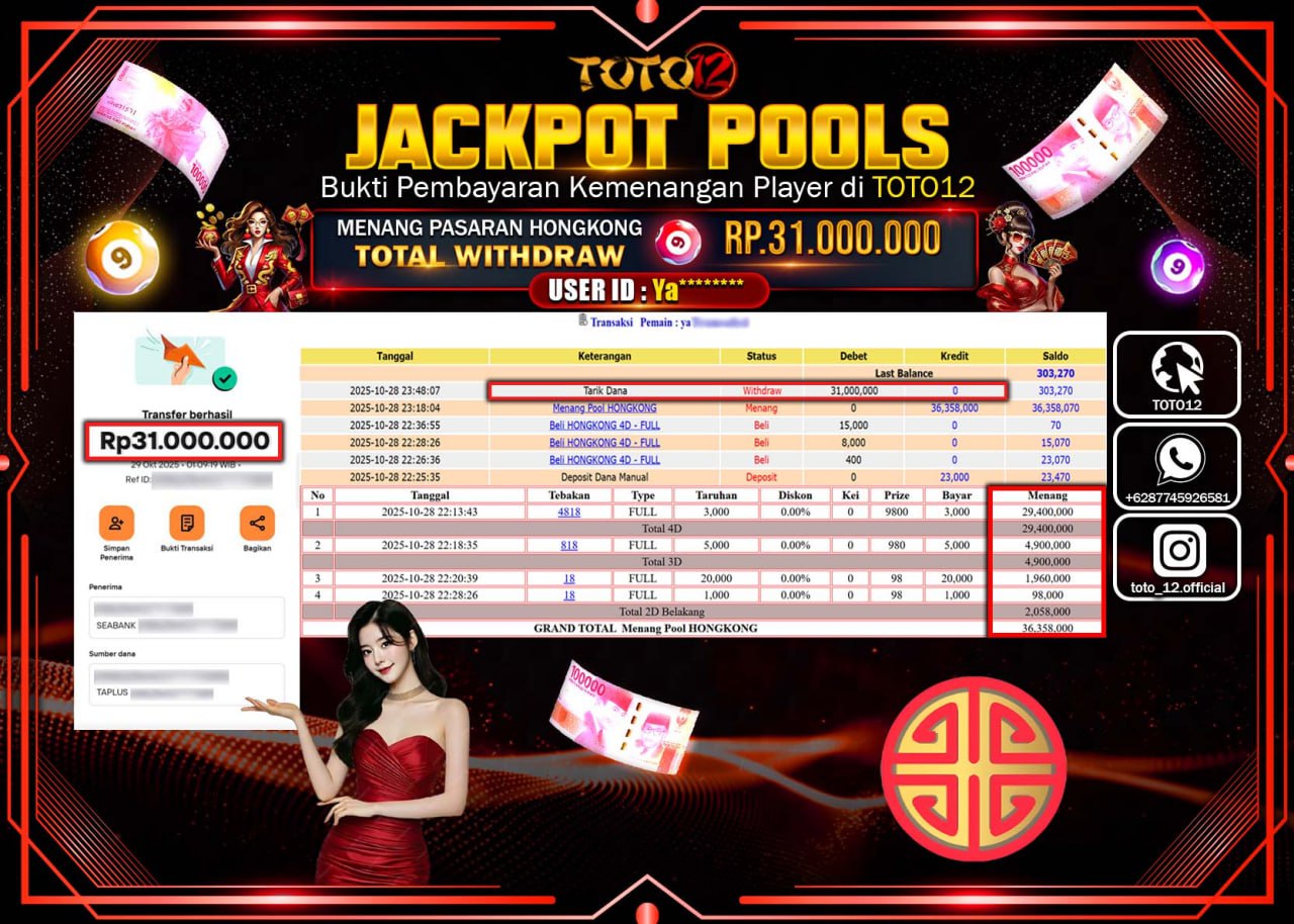 HANYA DI TOTO12 JP PASTI DI BAYAR LUNAS DAN CEPAT!!!!!! JACKPOT POOLS PASARAN (HONGKONG) Rp.31.000.000 !!!!