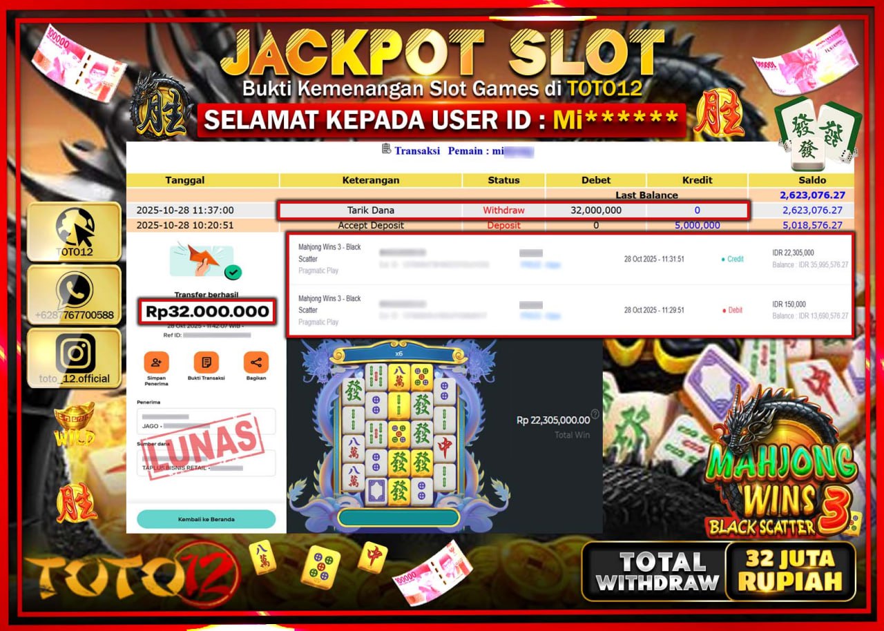 HANYA DI TOTO12 JP PASTI DI BAYAR LUNAS DAN CEPAT!!!!!! JACKPOT SLOT GAME (MAHJONG WINS 3 BLACK SCATTER) Rp.32.000.000 !!!!