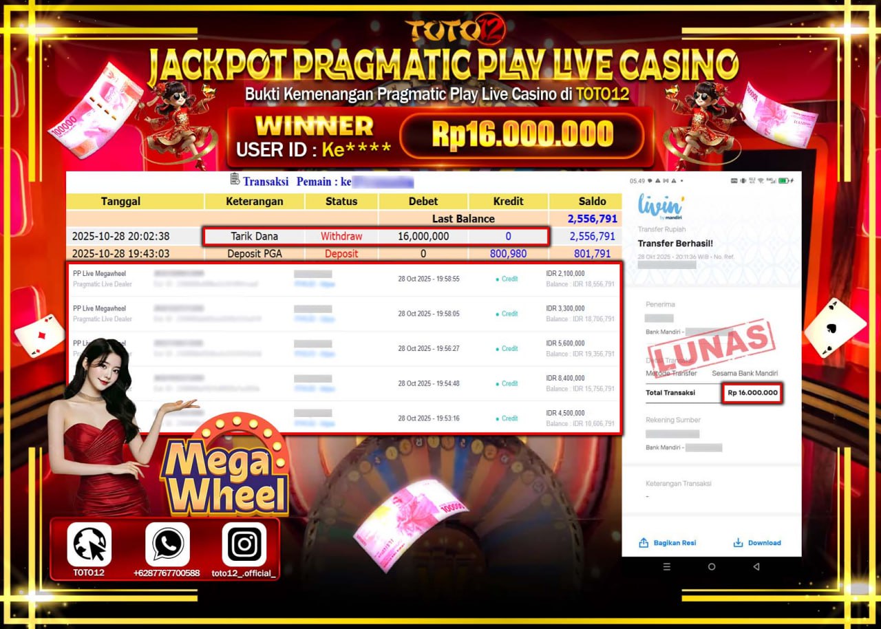 HANYA DI TOTO12 JP PASTI DI BAYAR LUNAS DAN CEPAT!!!!!! JACKPOT PRAGMATIC PLAY LIVE CASINO (MEGA WHEEL) Rp.16.000.000 !!!!