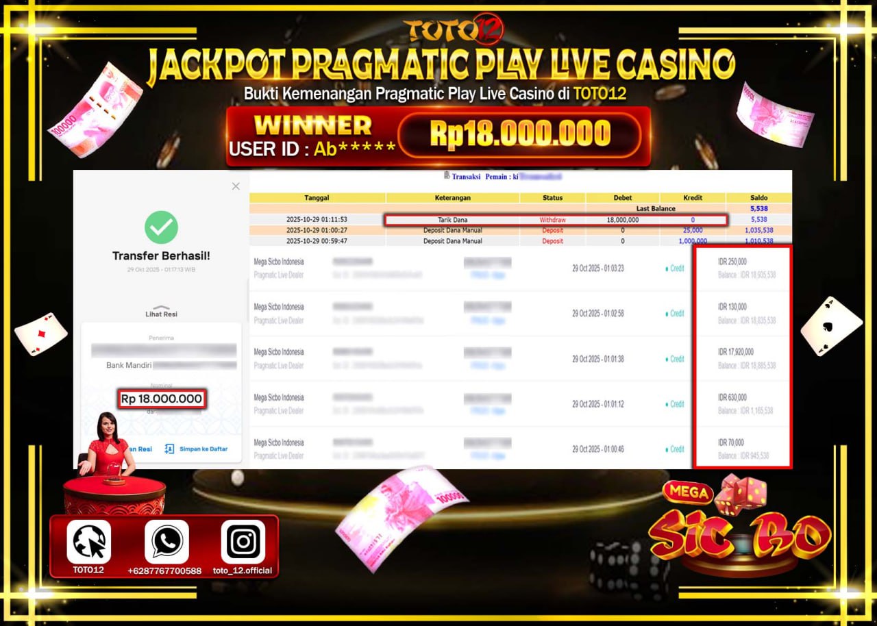 HANYA DI TOTO12 JP PASTI DI BAYAR LUNAS DAN CEPAT!!!!!! JACKPOT PRAGMATIC PLAY LIVE CASINO (MEGA SICBO) Rp.18.000.000 !!!!