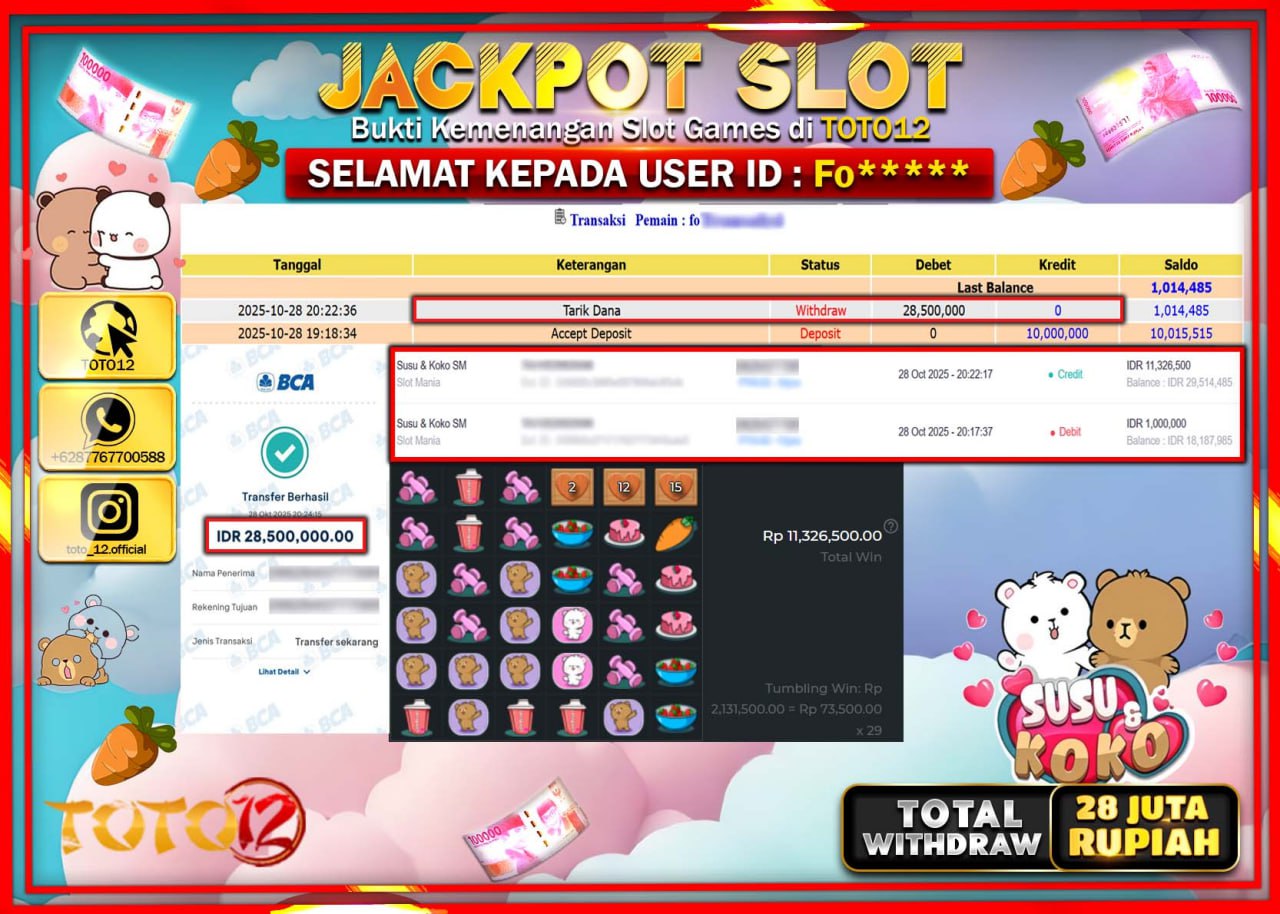 HANYA DI TOTO12 JP PASTI DI BAYAR LUNAS DAN CEPAT!!!!!! JACKPOT SLOT GAME (SUSU & KOKO) Rp.28.500.000 !!!!