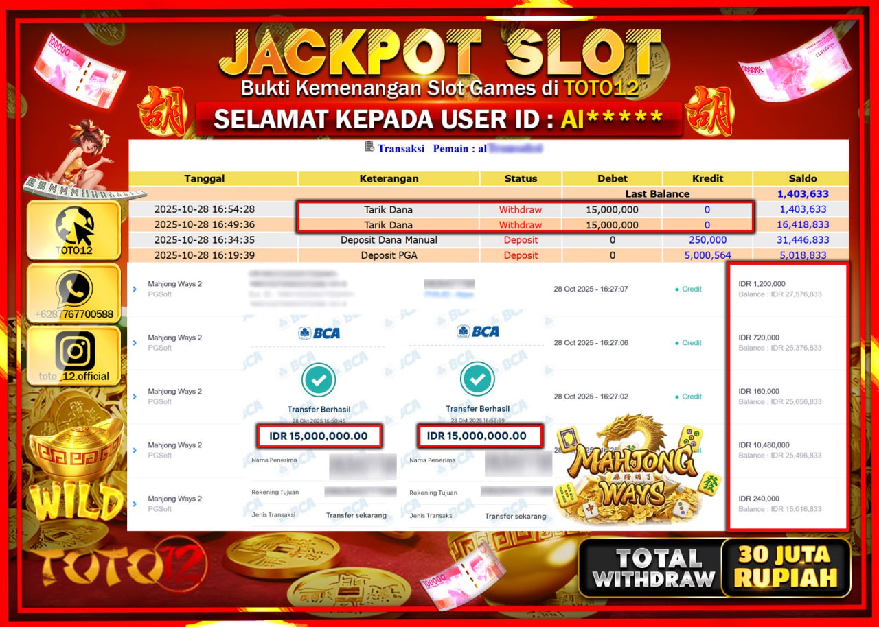 HANYA DI TOTO12 JP PASTI DI BAYAR LUNAS DAN CEPAT!!!!!! JACKPOT SLOT GAME (MAHJONG WAYS) Rp.30.000.000 !!!!