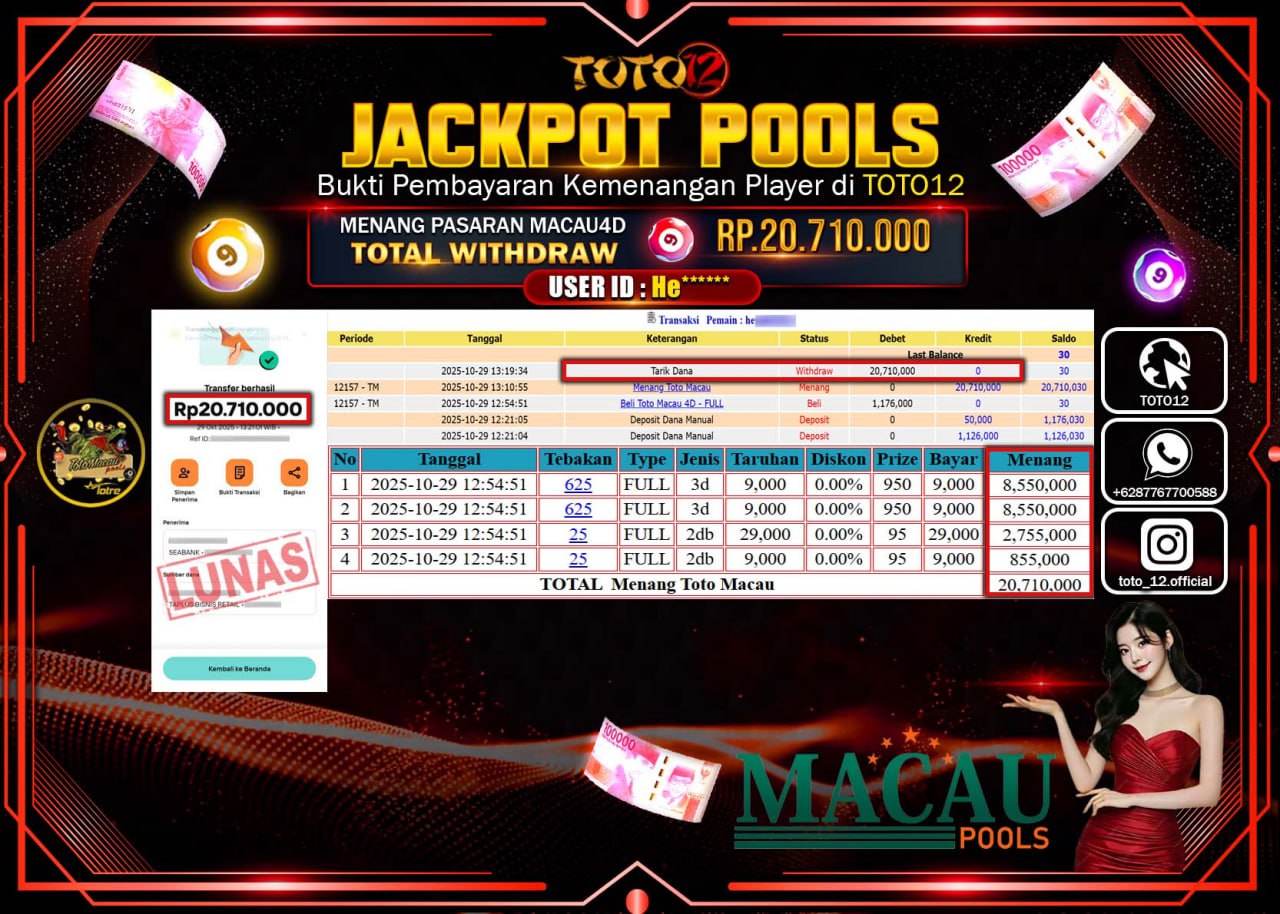HANYA DI TOTO12 JP PASTI DI BAYAR LUNAS DAN CEPAT!!!!!! JACKPOT POOLS PASARAN (MACAU 4D) Rp.20.710.000 !!!!