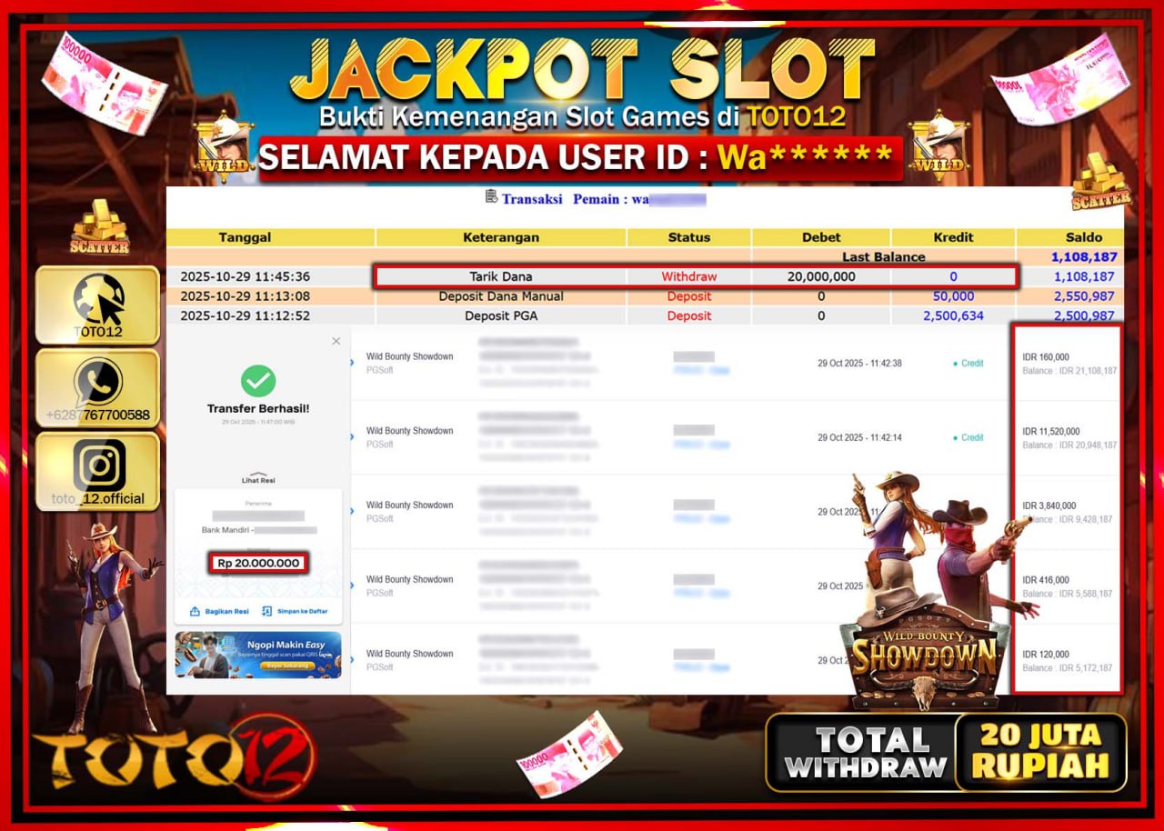 HANYA DI TOTO12 JP PASTI DI BAYAR LUNAS DAN CEPAT!!!!!! JACKPOT SLOT GAME (WILD BOUNTY SHOWDOWN) Rp.20.000.000 !!!!