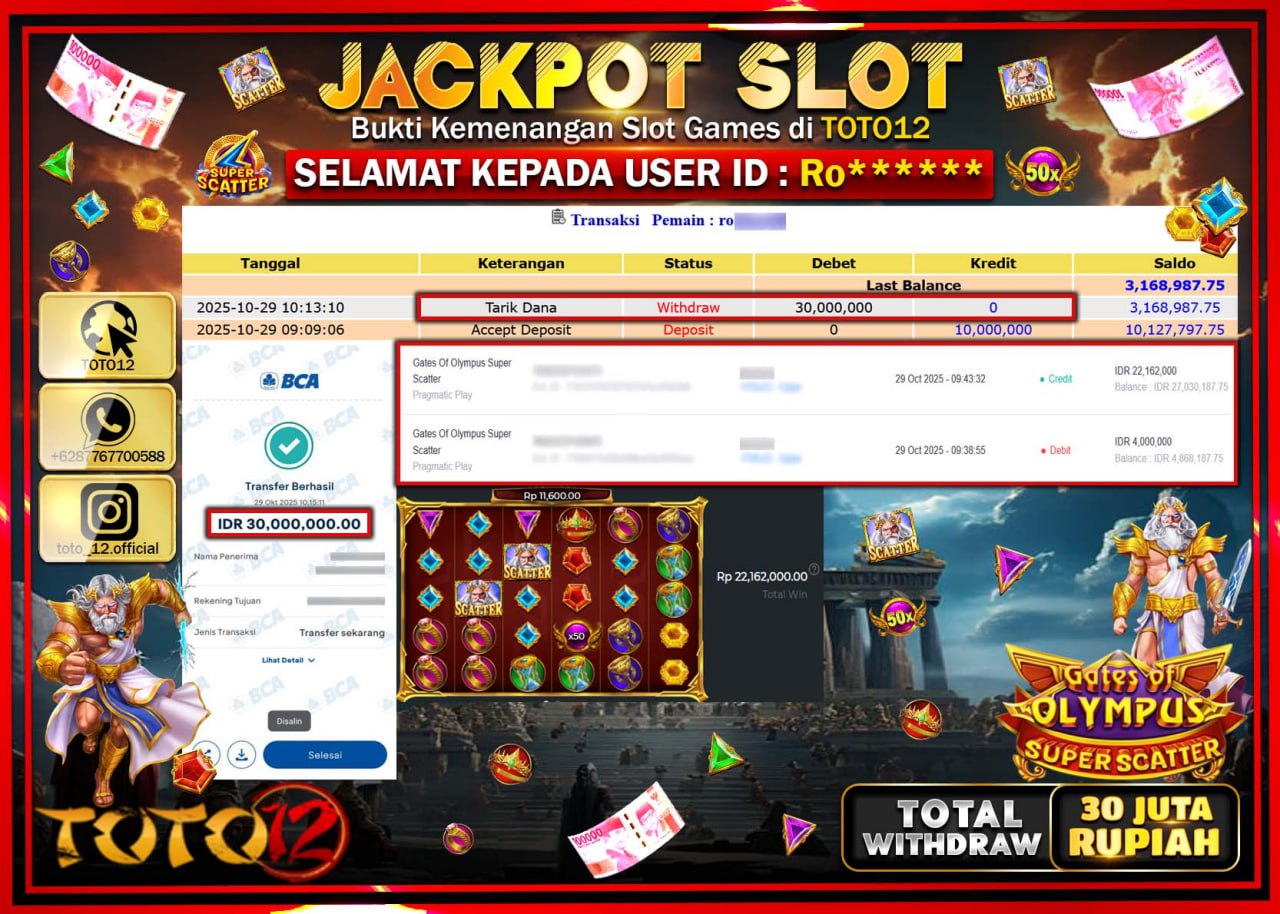 HANYA DI TOTO12 JP PASTI DI BAYAR LUNAS DAN CEPAT!!!!!! JACKPOT SLOT GAME (GATES OF OLYMPUS SUPER SCATTER) Rp.30.000.000 !!!!