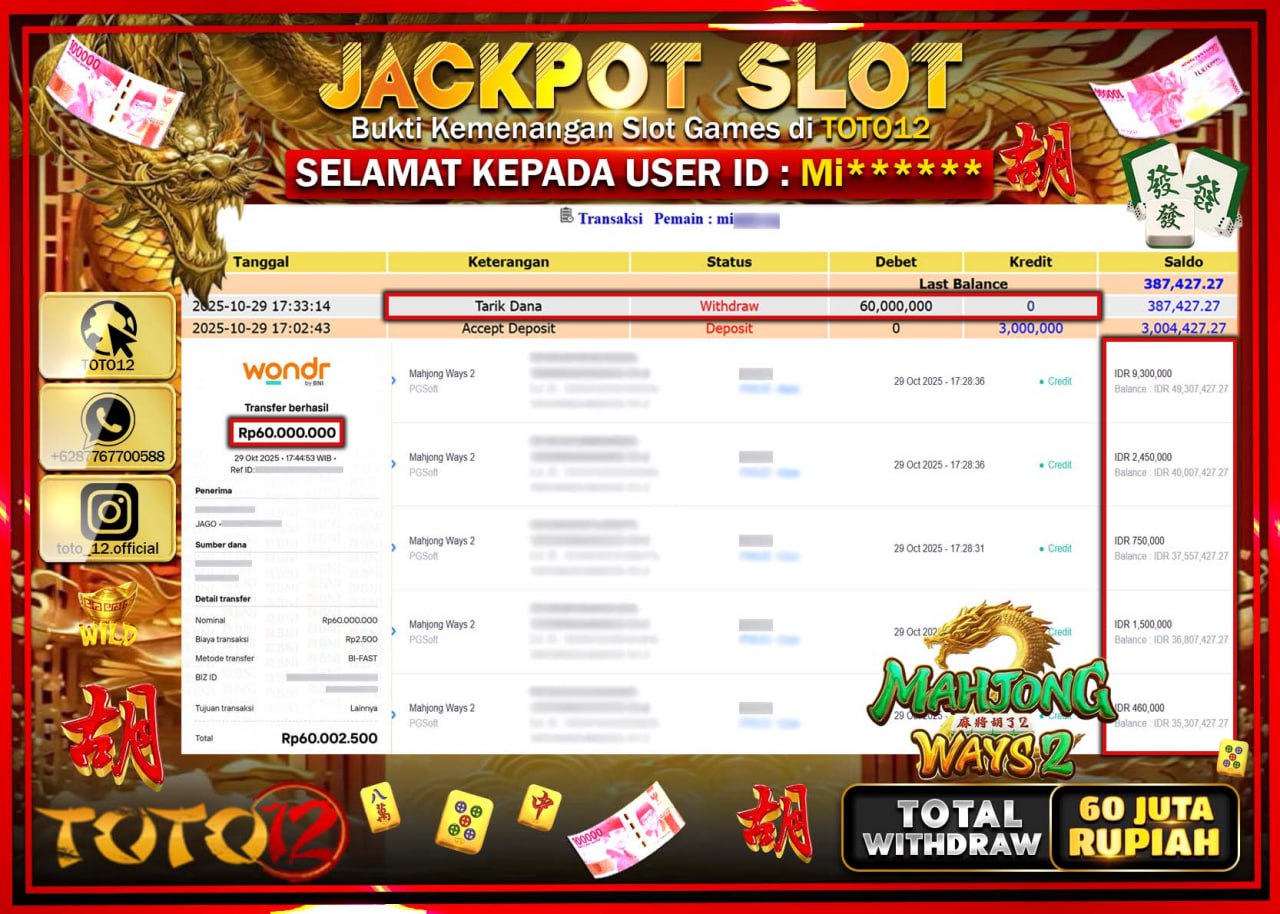 HANYA DI TOTO12 JP PASTI DI BAYAR LUNAS DAN CEPAT!!!!!! JACKPOT SLOT GAME (MAHJONG WAYS 2) Rp.60.000.000 !!!!