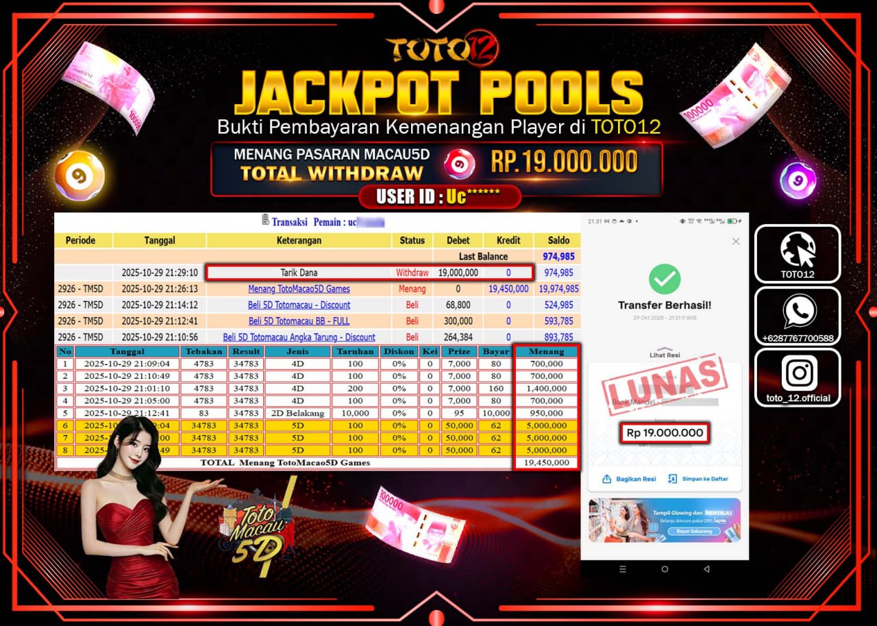 HANYA DI TOTO12 JP PASTI DI BAYAR LUNAS DAN CEPAT!!!!!! JACKPOT POOLS PASARAN (MACAU 5D) Rp.19.000.000 !!!!