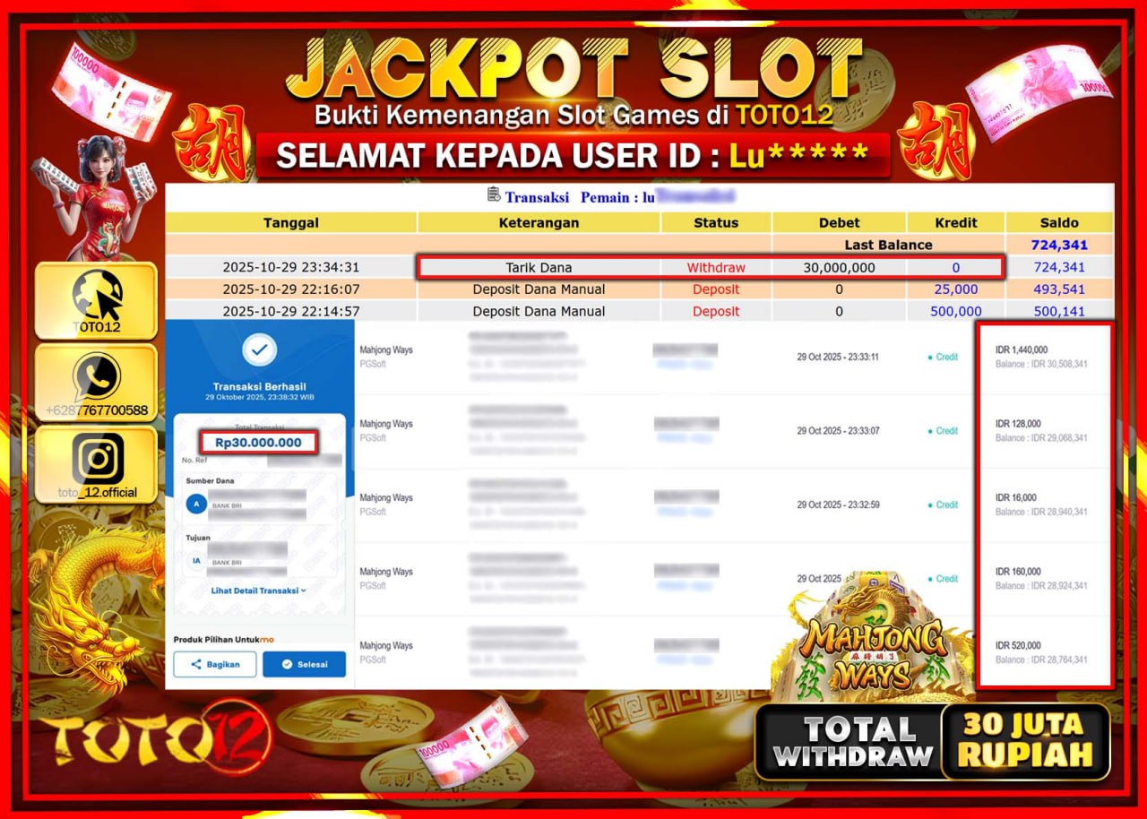 HANYA DI TOTO12 JP PASTI DI BAYAR LUNAS DAN CEPAT!!!!!! JACKPOT SLOT GAME (MAHJONG WAYS) Rp.30.000.000 !!!!
