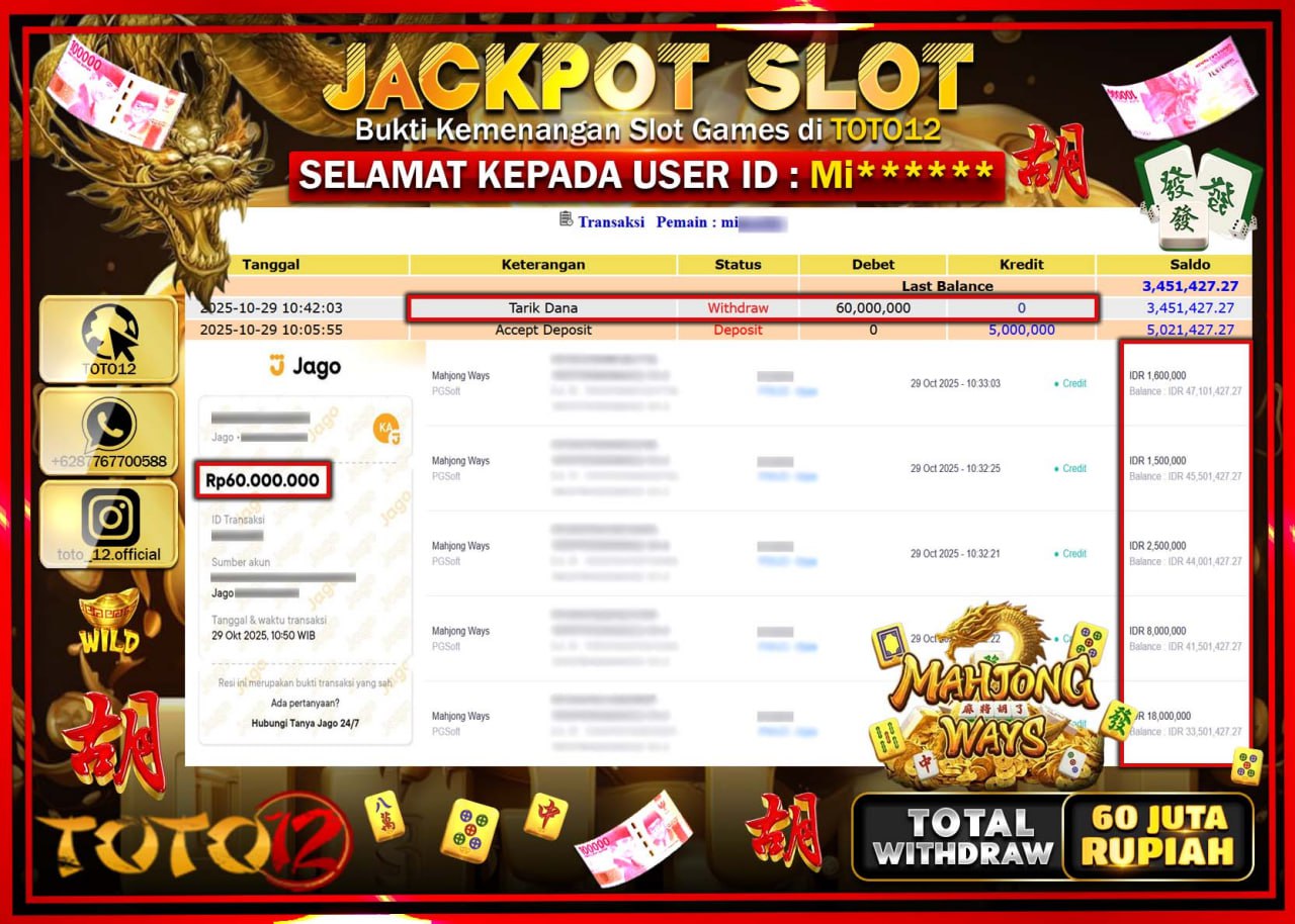 HANYA DI TOTO12 JP PASTI DI BAYAR LUNAS DAN CEPAT!!!!!! JACKPOT SLOT GAME (MAHJONG WAYS) Rp.60.000.000 !!!!