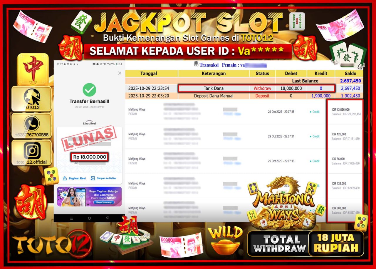 HANYA DI TOTO12 JP PASTI DI BAYAR LUNAS DAN CEPAT!!!!!! JACKPOT SLOT GAME (MAHJONG WAYS) Rp.18.000.000 !!!!