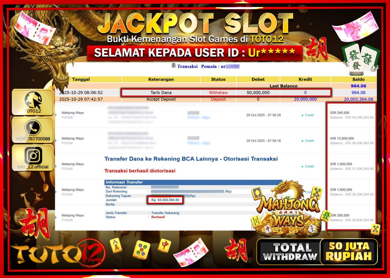 HANYA DI TOTO12 JP PASTI DI BAYAR LUNAS DAN CEPAT!!!!!! JACKPOT SLOT GAME (MAHJONG WAYS) Rp.50.000.000 !!!!