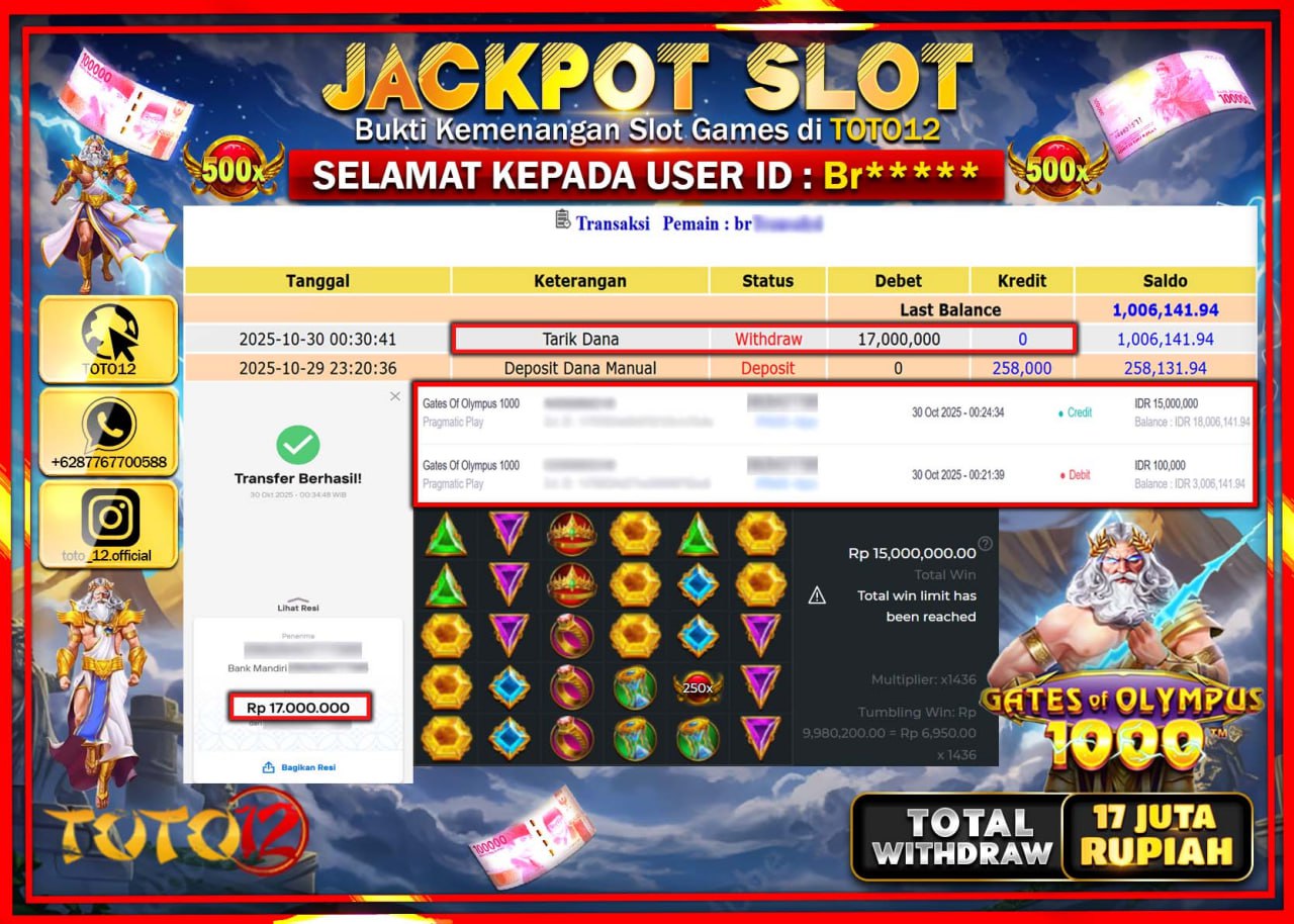 HANYA DI TOTO12 JP PASTI DI BAYAR LUNAS DAN CEPAT!!!!!! JACKPOT SLOT GAME (GATES OF OLYMPUS 1000) Rp.17.000.000 !!!!