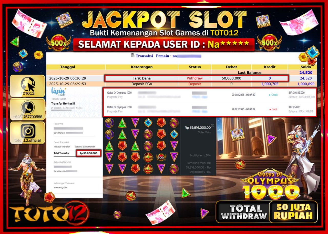 HANYA DI TOTO12 JP PASTI DI BAYAR LUNAS DAN CEPAT!!!!!! JACKPOT SLOT GAME (GATES OF OLYMPUS 1000) Rp.50.000.000 !!!!