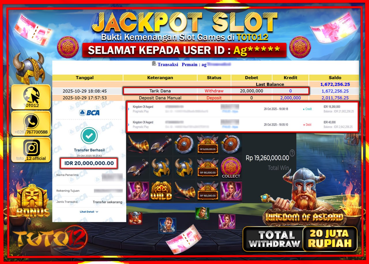HANYA DI TOTO12 JP PASTI DI BAYAR LUNAS DAN CEPAT!!!!!! JACKPOT SLOT GAME (KINGDOM OF ASGARD) Rp.20.000.000 !!!!