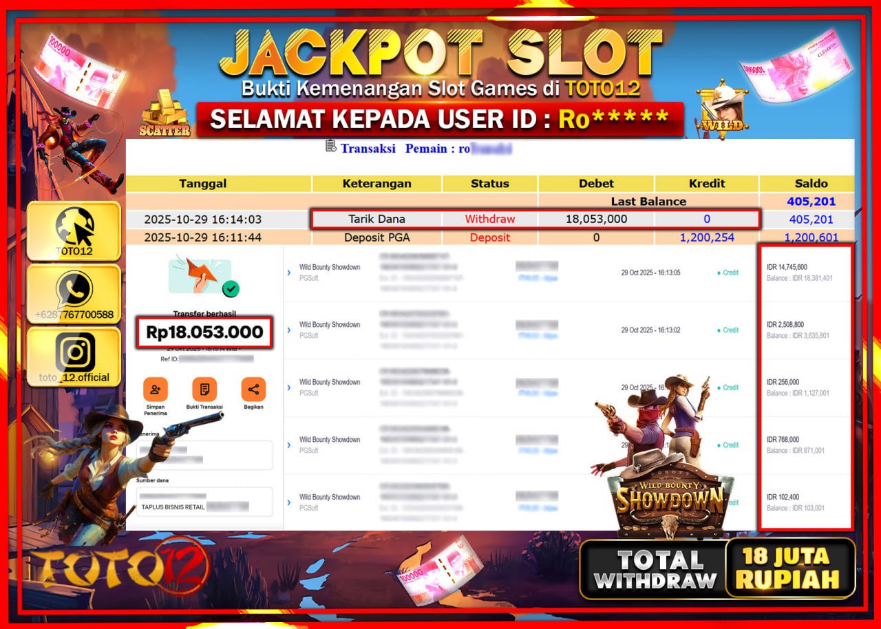 HANYA DI TOTO12 JP PASTI DI BAYAR LUNAS DAN CEPAT!!!!!! JACKPOT SLOT GAME (WILD BOUNTY SHOWDOWN) Rp.18.053.000 !!!!