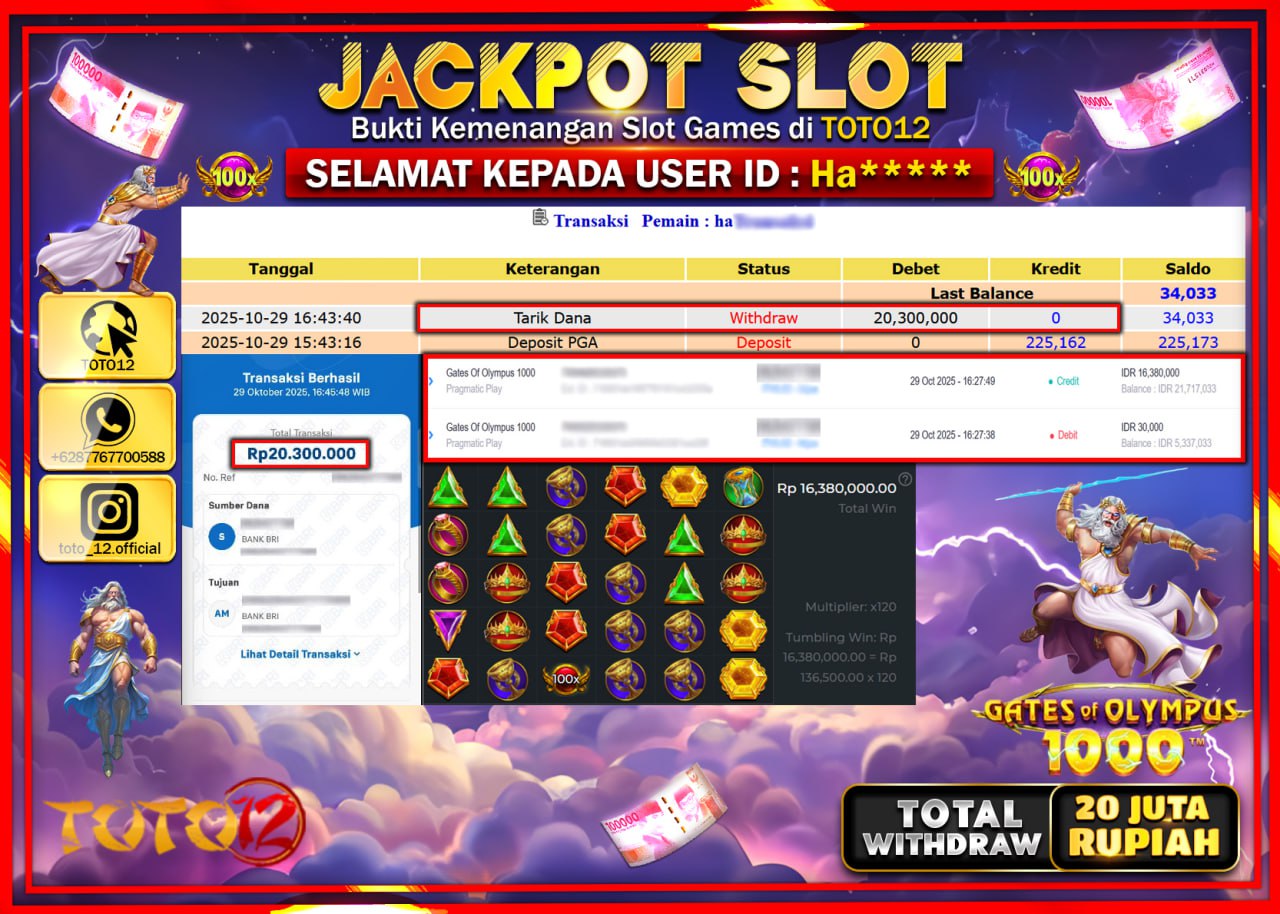 HANYA DI TOTO12 JP PASTI DI BAYAR LUNAS DAN CEPAT!!!!!! JACKPOT SLOT GAME (GATES OF OLYMPUS 1000) Rp.20.300.000 !!!!