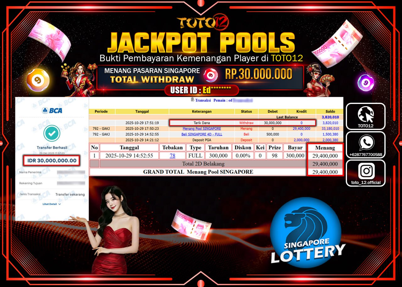 HANYA DI TOTO12 JP PASTI DI BAYAR LUNAS DAN CEPAT!!!!!! JACKPOT POOLS PASARAN (SINGAPORE) Rp.30.000.000 !!!!