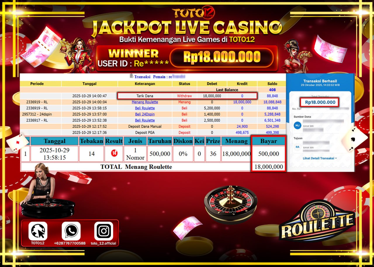 HANYA DI TOTO12 JP PASTI DI BAYAR LUNAS DAN CEPAT!!!!!! JACKPOT LIVE CASINO (ROULETTE) Rp.18.000.000 !!!!