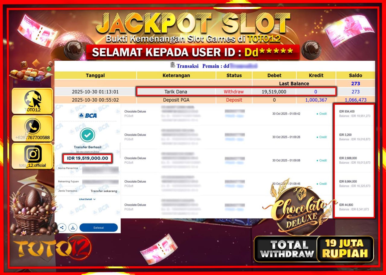 HANYA DI TOTO12 JP PASTI DI BAYAR LUNAS DAN CEPAT!!!!!! JACKPOT SLOT GAME (CHOCOLATE DELUXE) Rp.19.519.000 !!!!