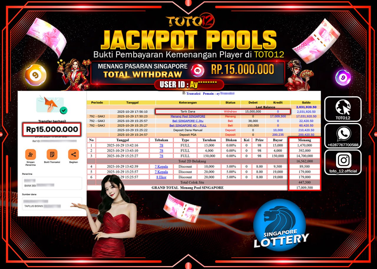 HANYA DI TOTO12 JP PASTI DI BAYAR LUNAS DAN CEPAT!!!!!! JACKPOT POOLS PASARAN (SINGAPORE) Rp.15.000.000 !!!!