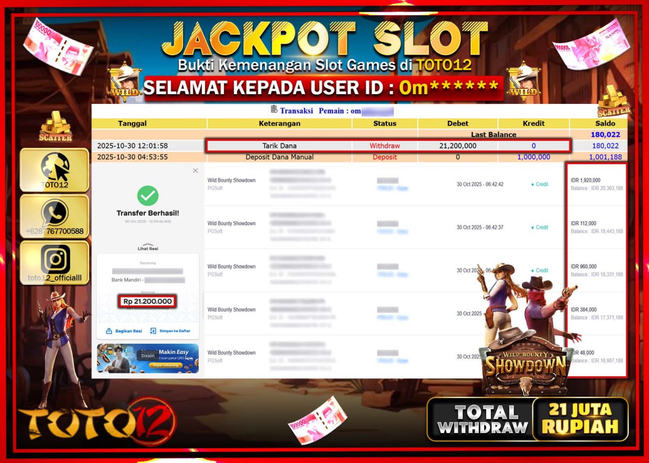 HANYA DI TOTO12 JP PASTI DI BAYAR LUNAS DAN CEPAT!!!!!! JACKPOT SLOT GAME (WILD BOUNTY SHOWDOWN) Rp.21.200.000 !!!!