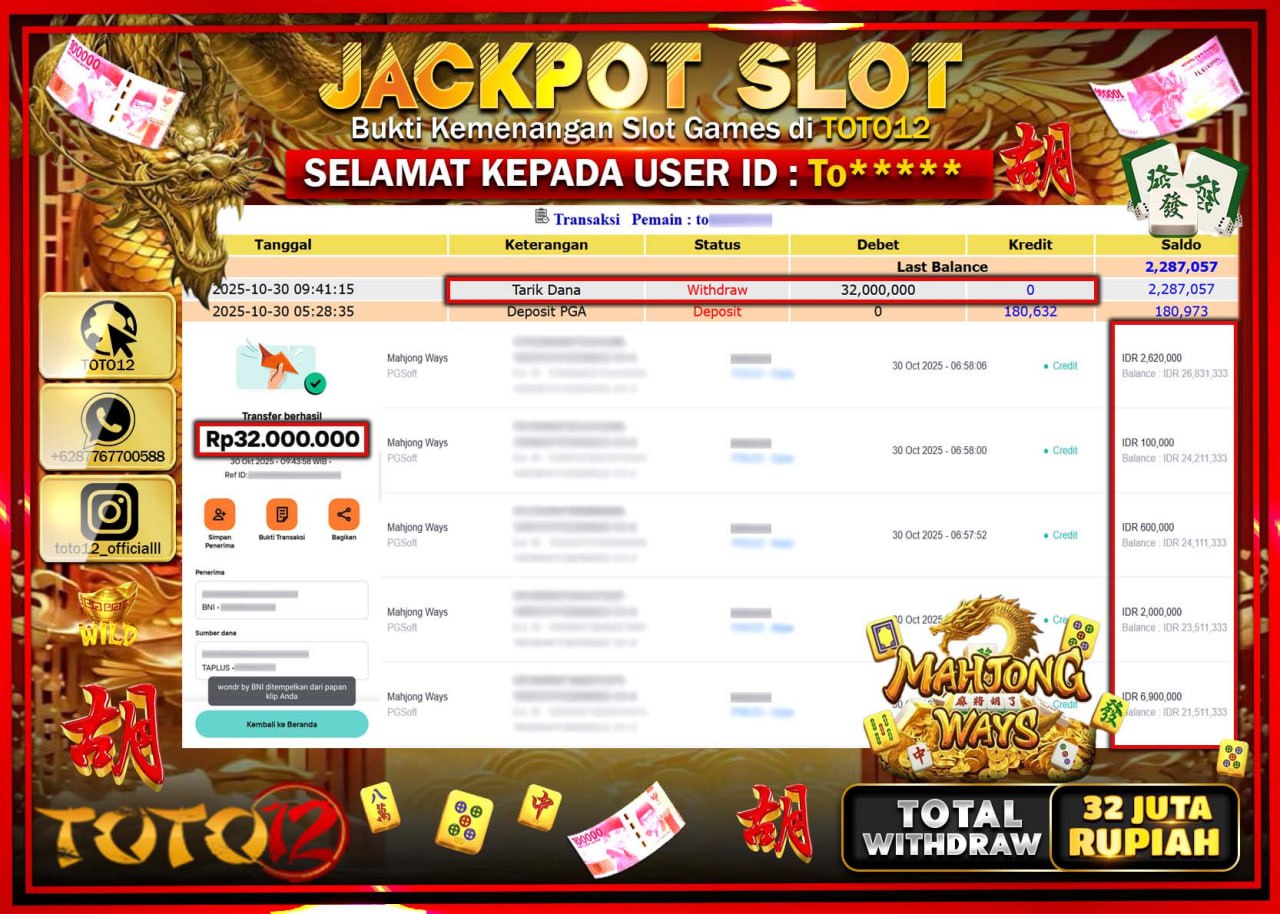 HANYA DI TOTO12 JP PASTI DI BAYAR LUNAS DAN CEPAT!!!!!! JACKPOT SLOT GAME (MAHJONG WAYS) Rp.32.000.000 !!!!